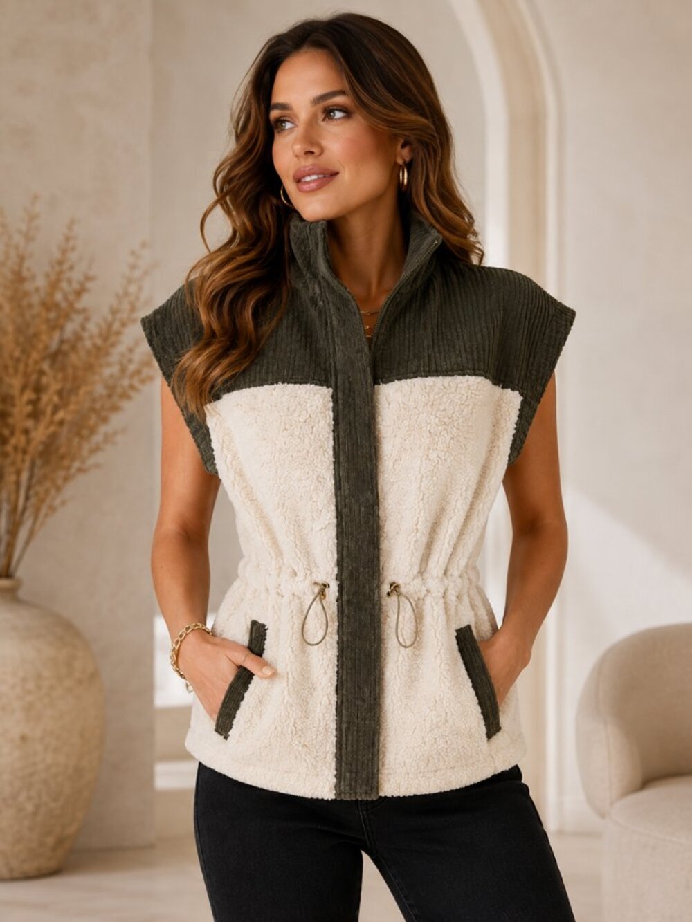 FJ1126 Contrast Corduroy Detail High Collar Sherpa Vest